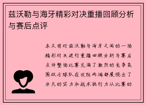 兹沃勒与海牙精彩对决重播回顾分析与赛后点评
